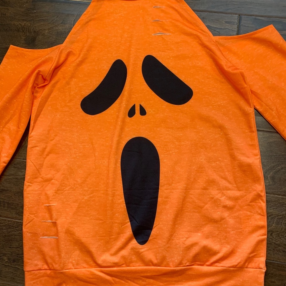 ORANGE Distressed Cold Shoulder Halloween Shirt - Picture 4 of 10
